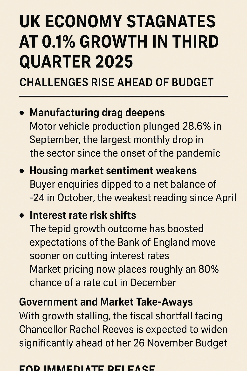 UK ECONOMY STAGNATES AT 0.1% GROWTH IN THIRD QUARTER 2025